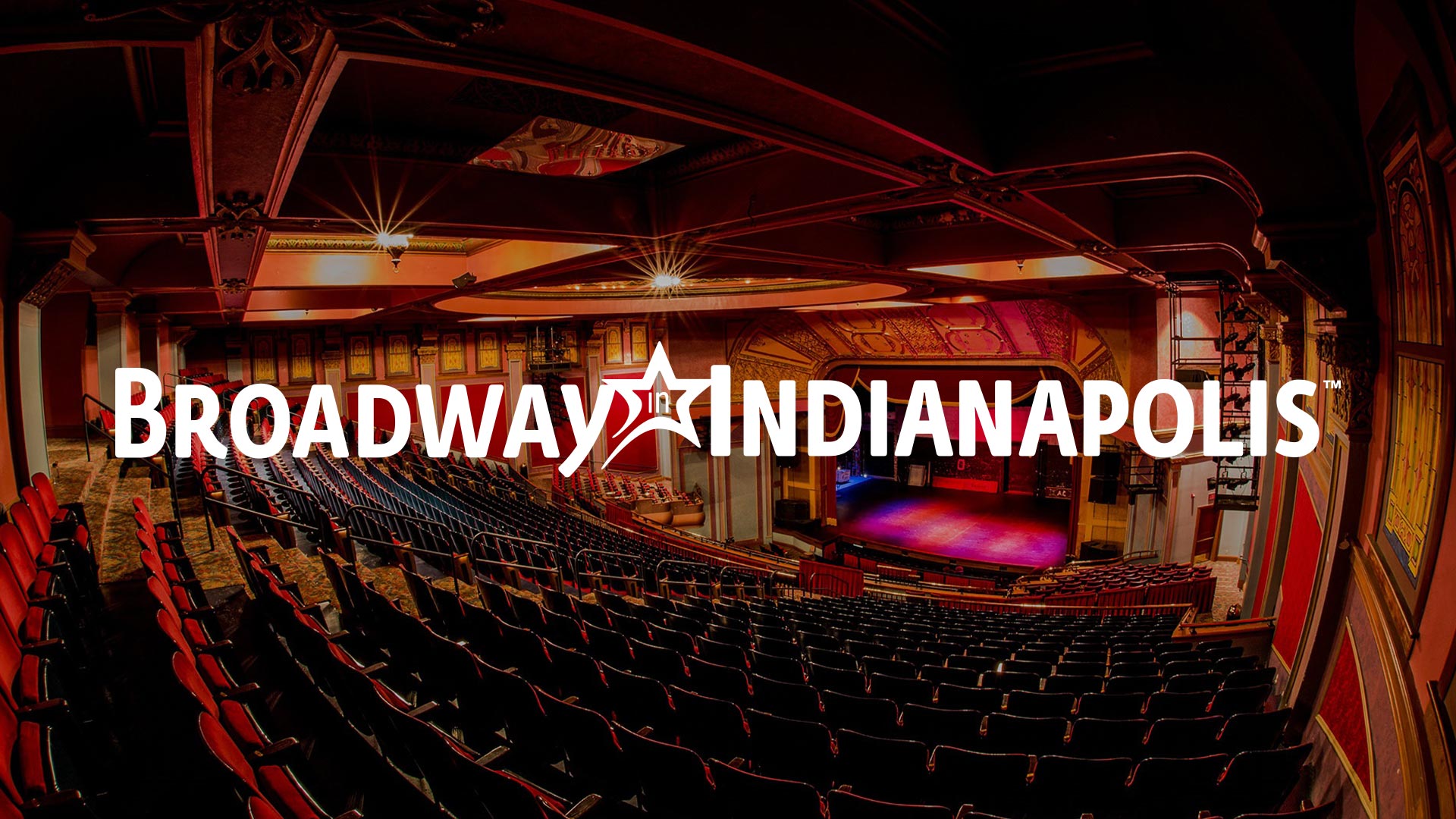 Broadway in Indianapolis logo overlaid on a photo of the Murat Theatre at Old National Centre